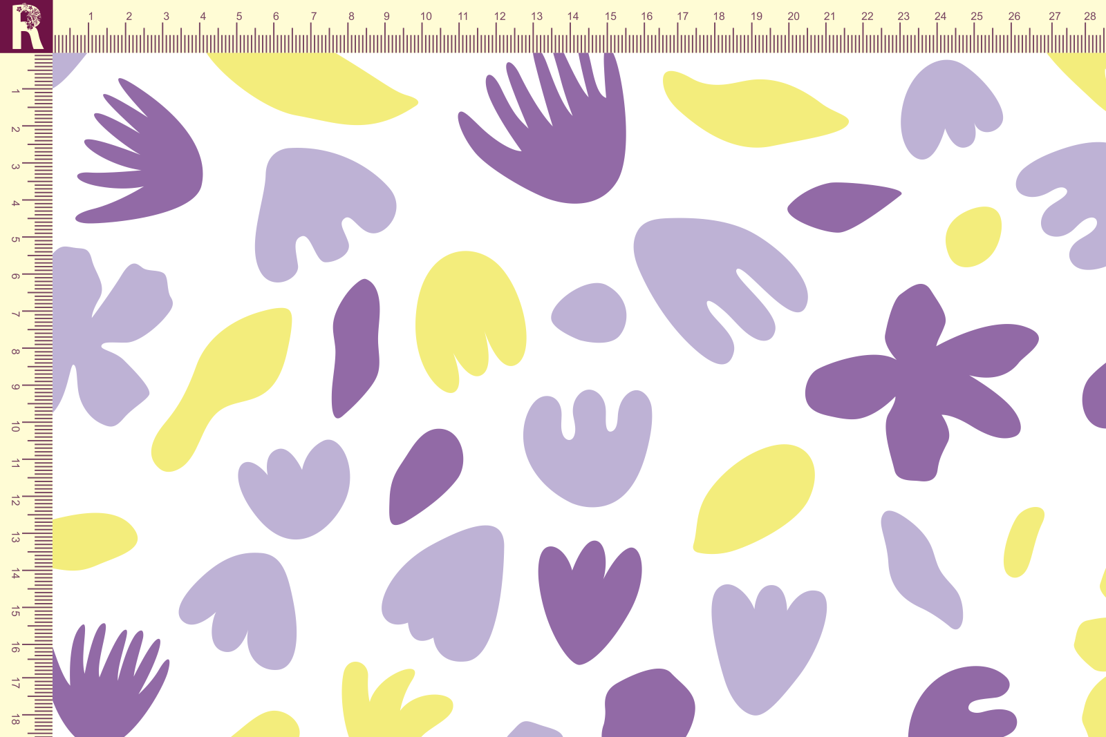 картинка Т649 Абстрактные цветы 9000_2049_3009_2010 (фиолетовые, лимонные, лавандовые цветы на белом фоне) от компании Руткани