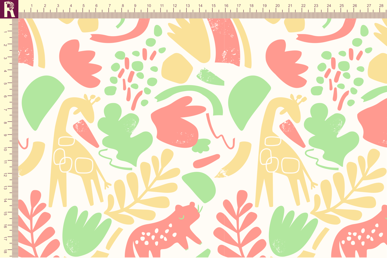 картинка Т651 Зверьки и листья 9050а_6031_3003_3008 (салатовый, персиковый и желтый рисунок на молочном фоне) от компании Руткани