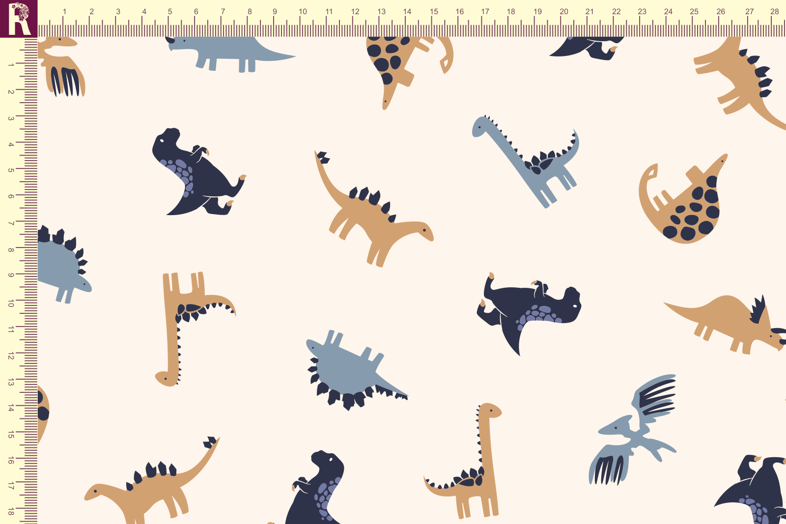 картинка Т644 Динозаврики 9050а_5018_8011_4042 (синие, серые и бежевые динозаврики на молочном фоне) от компании Руткани