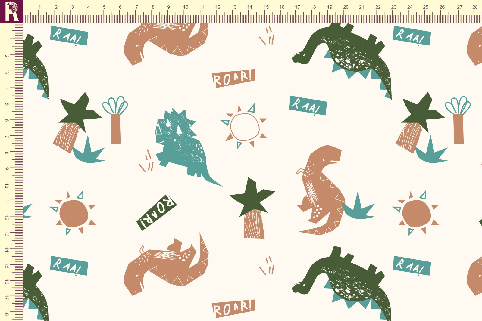 картинка Т648 Roar 9050а_6017_4027_6042 ( зеленые,коричневые и ментоловые  динозавры на молочном фоне) от компании Руткани