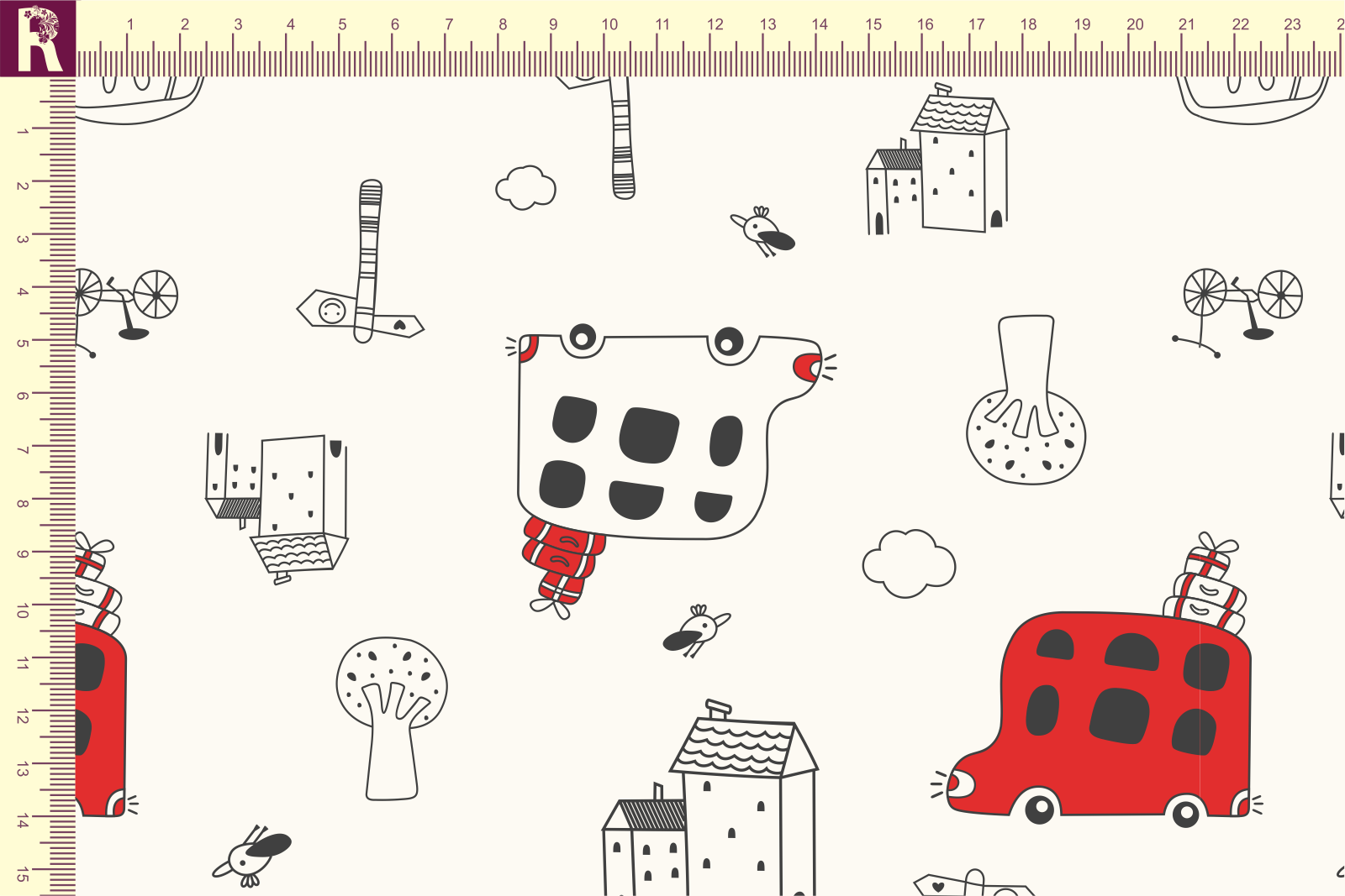 картинка Т612 Автобусы 9050а_8001_9004 ( черный и красный рисунок на молочном фоне) от компании Руткани