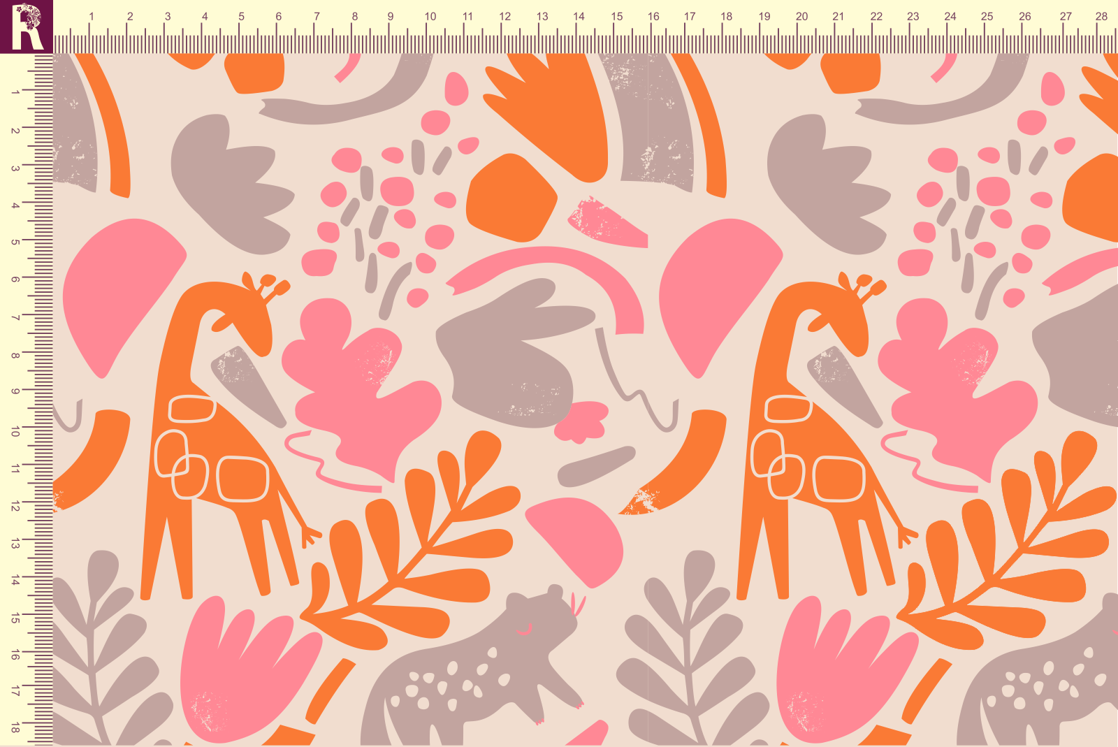 картинка Т651 Зверьки и листья 9074_2017_8042_3006 (розовый, коричневый и оранжевый рисунок на бежевом фоне) от компании Руткани