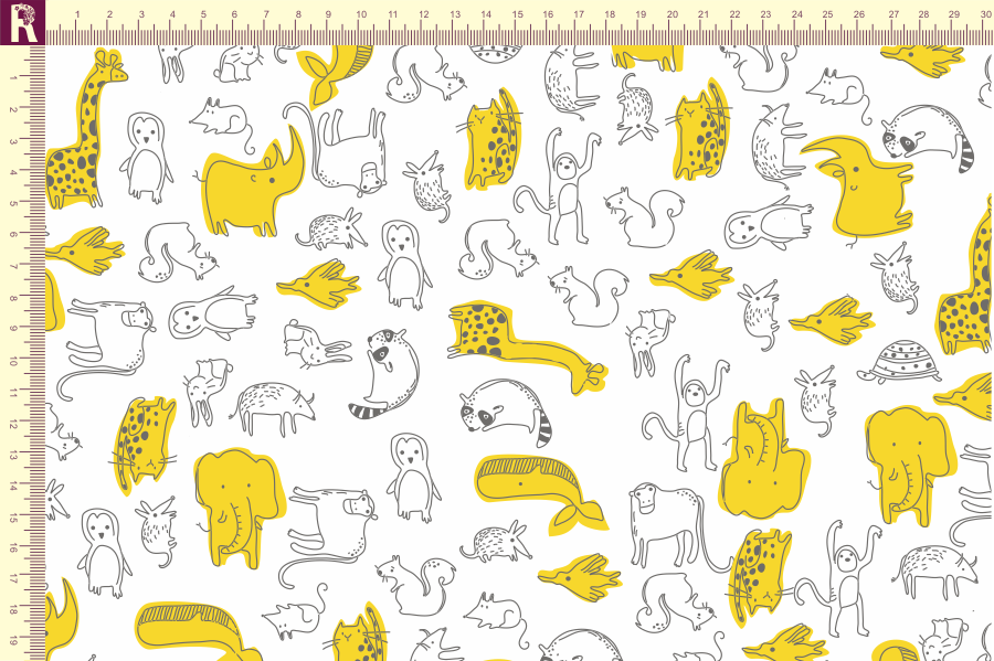 картинка Т508 звери фон белый набивка графитовый желтый от компании Руткани