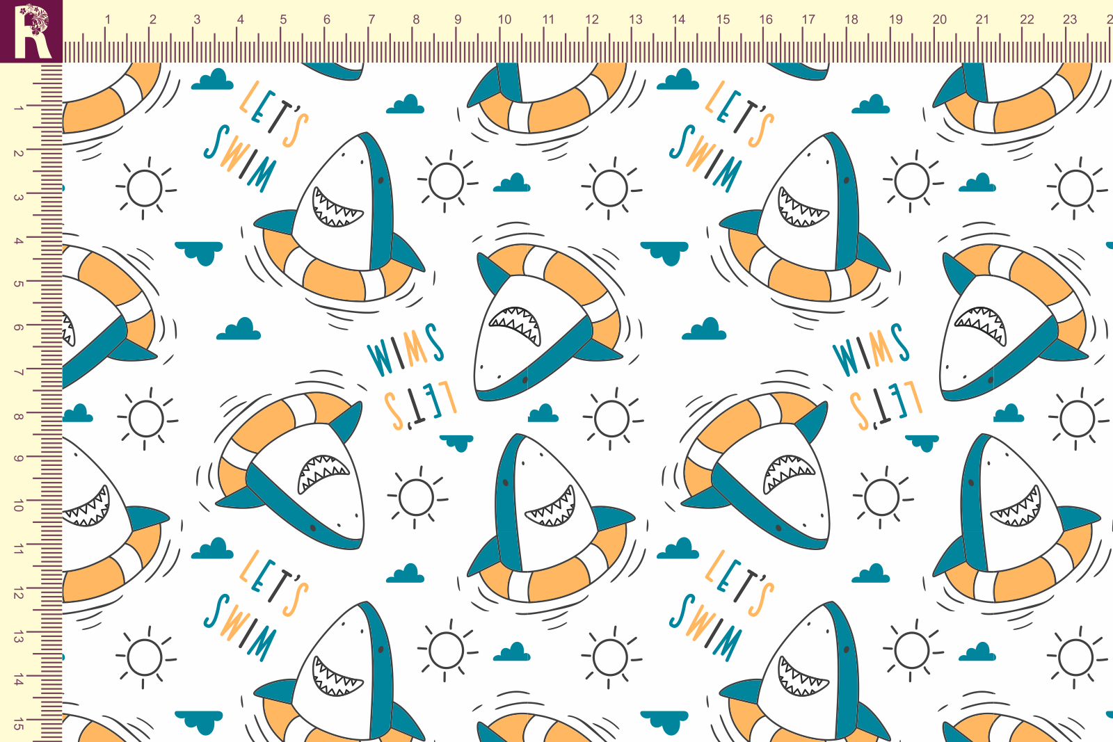 картинка Т580 Акулята 9000_8001_3004_7016( желтый, бирюзовый рисунок на белом фоне) от компании Руткани