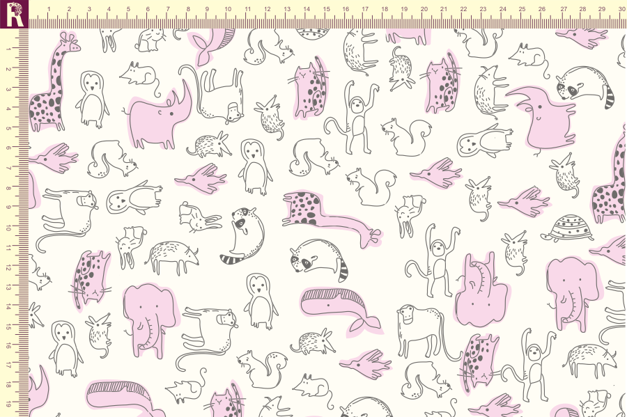 картинка Т508 звери фон молочный  набивка графитовый розовый от компании Руткани