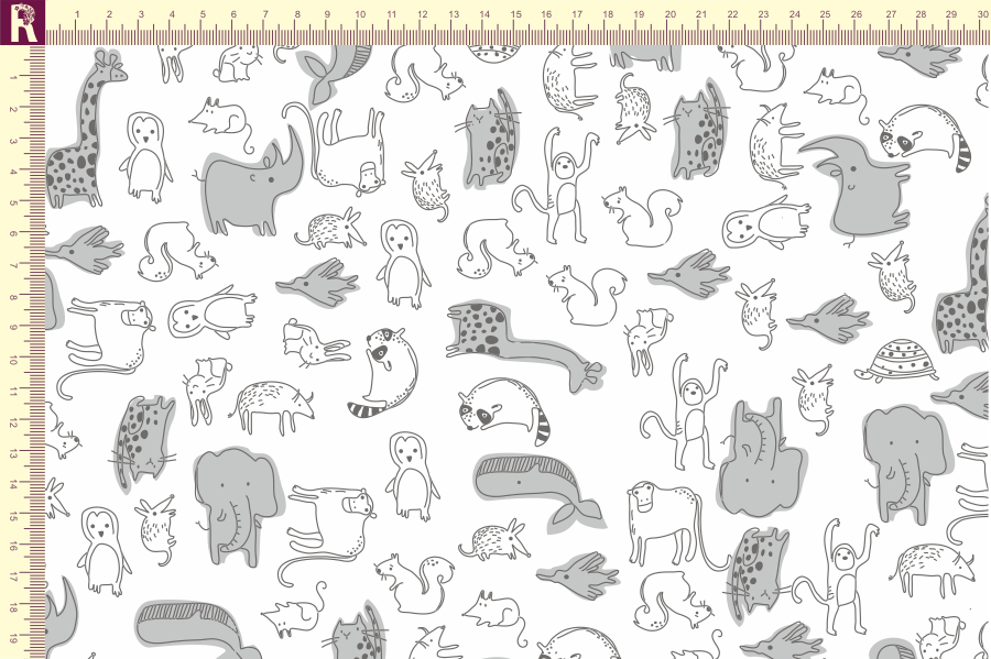 картинка Т508 звери фон белый набивка графитовый серый от компании Руткани