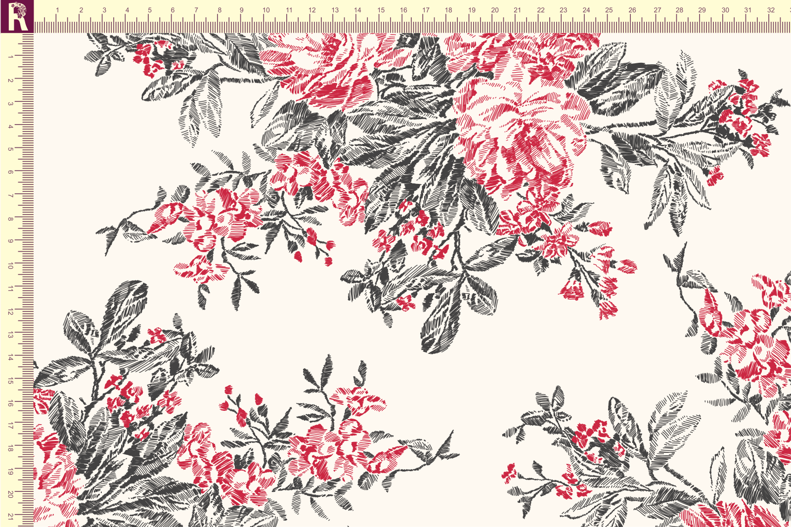 картинка Т607 Штриховые розы 9050а_8001_9001 ( красные розы на молочном фоне) от компании Руткани