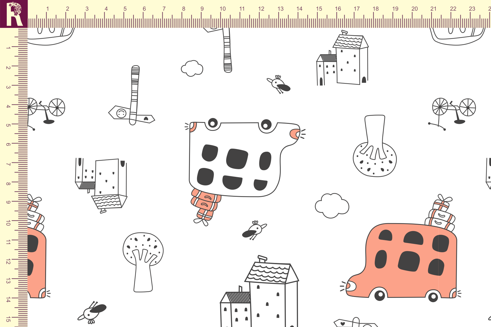 картинка Т612 Автобусы 9000_8001_3012 ( черный и персиковый рисунок на белом фоне) от компании Руткани