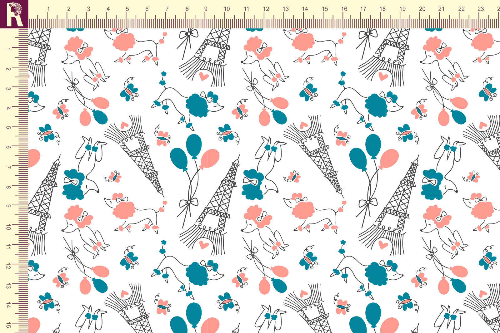 картинка Т618 Пудели в Париже 9000_8001_7016_3003 ( бирюзовые и персиковые пудели на белом фоне) от компании Руткани