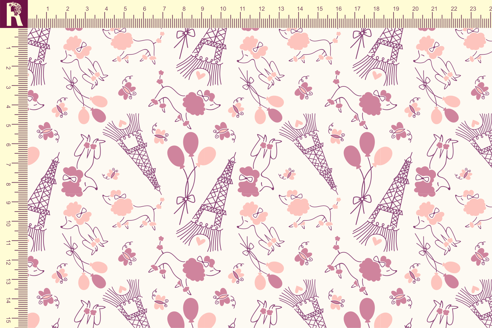 картинка Т618 Пудели в Париже 9050а_2022_2013_3005 ( розовые и персиковые пудели на молочном фоне) от компании Руткани