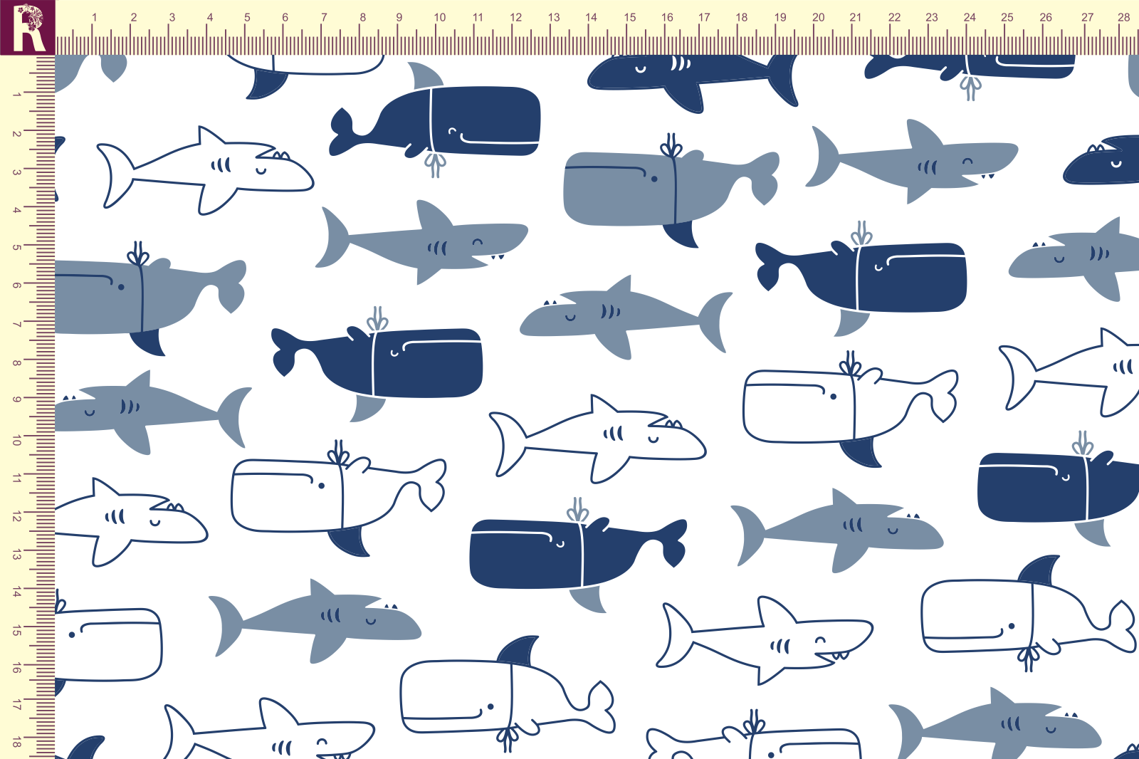 картинка Т631 Акулы и киты 9000_5027_5025 (темно- синие и серые киты и акулы на белом фоне) от компании Руткани