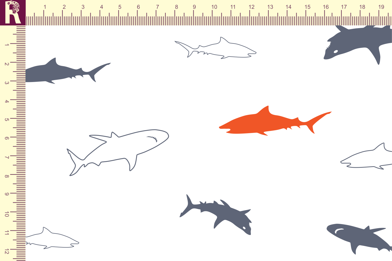 картинка Т652 Акулы 9000_8014_3010( серые и оранжевые акулы на белом фоне) от компании Руткани