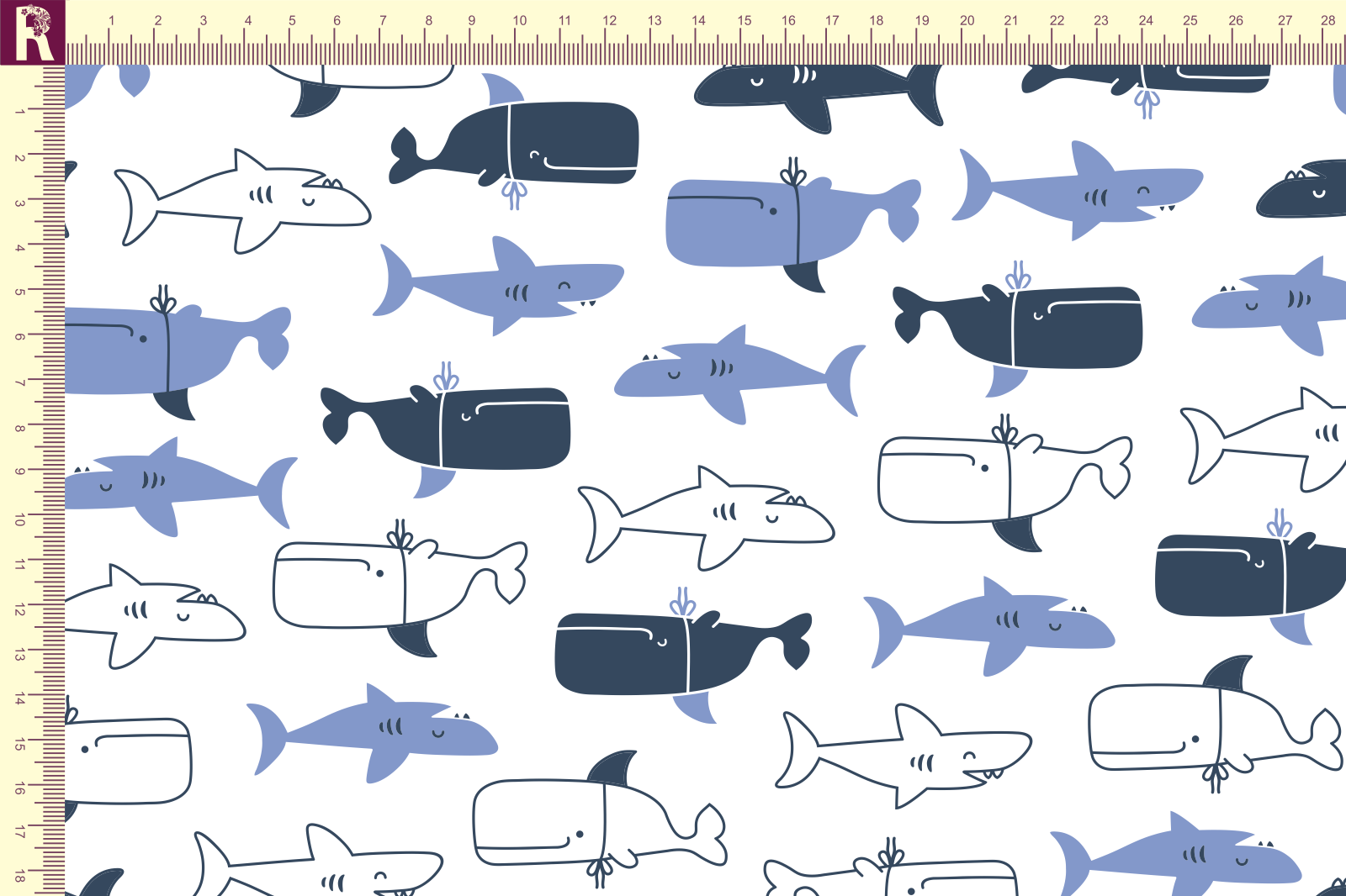 картинка Т631 Акулы и киты 9000_5011_7020 (темно- синие и синие киты и акулы на белом фоне) от компании Руткани