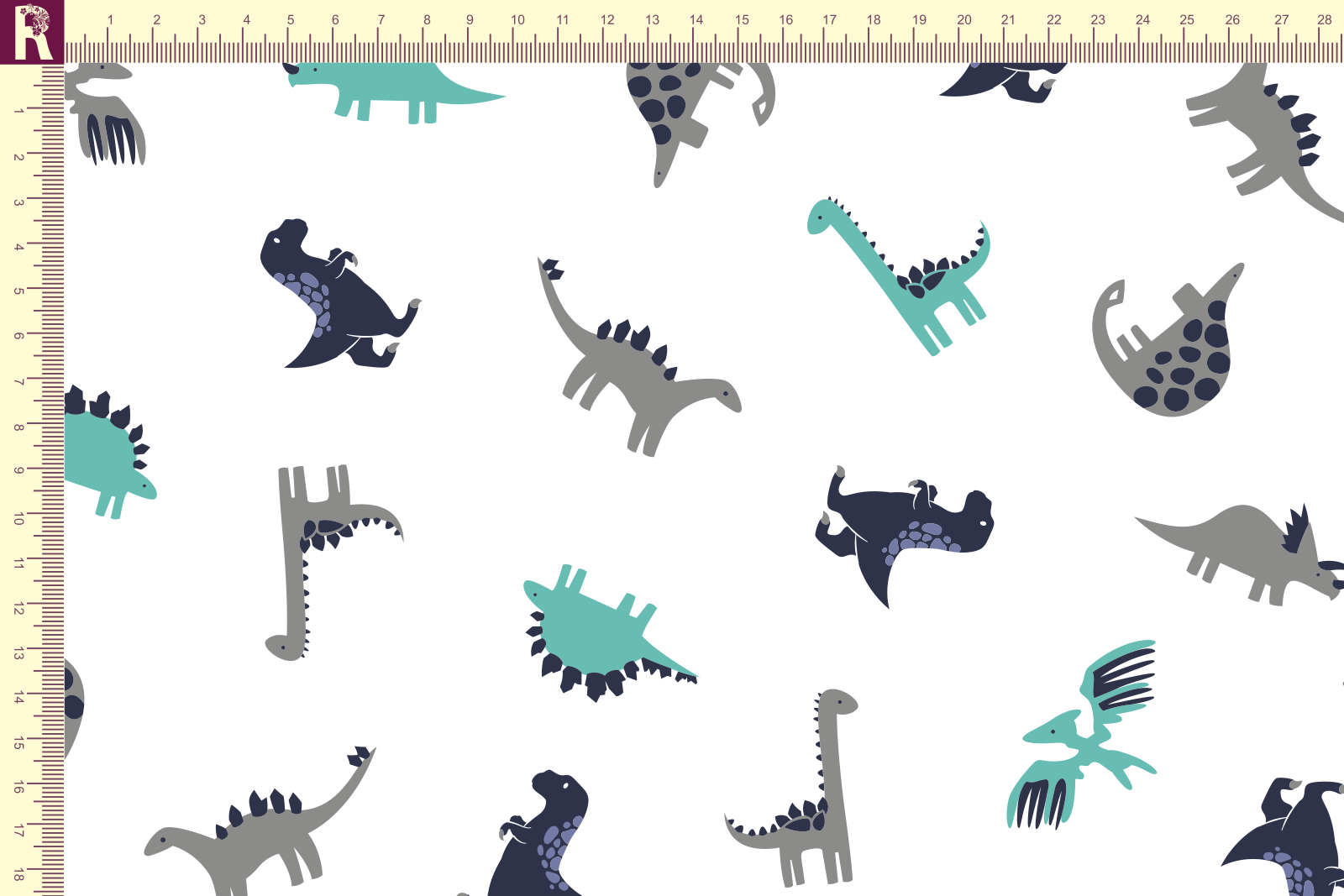 картинка Т644 Динозаврики 9000_5018_6037_8020 (синие, серые и ментоловые динозаврики на белом фоне) от компании Руткани