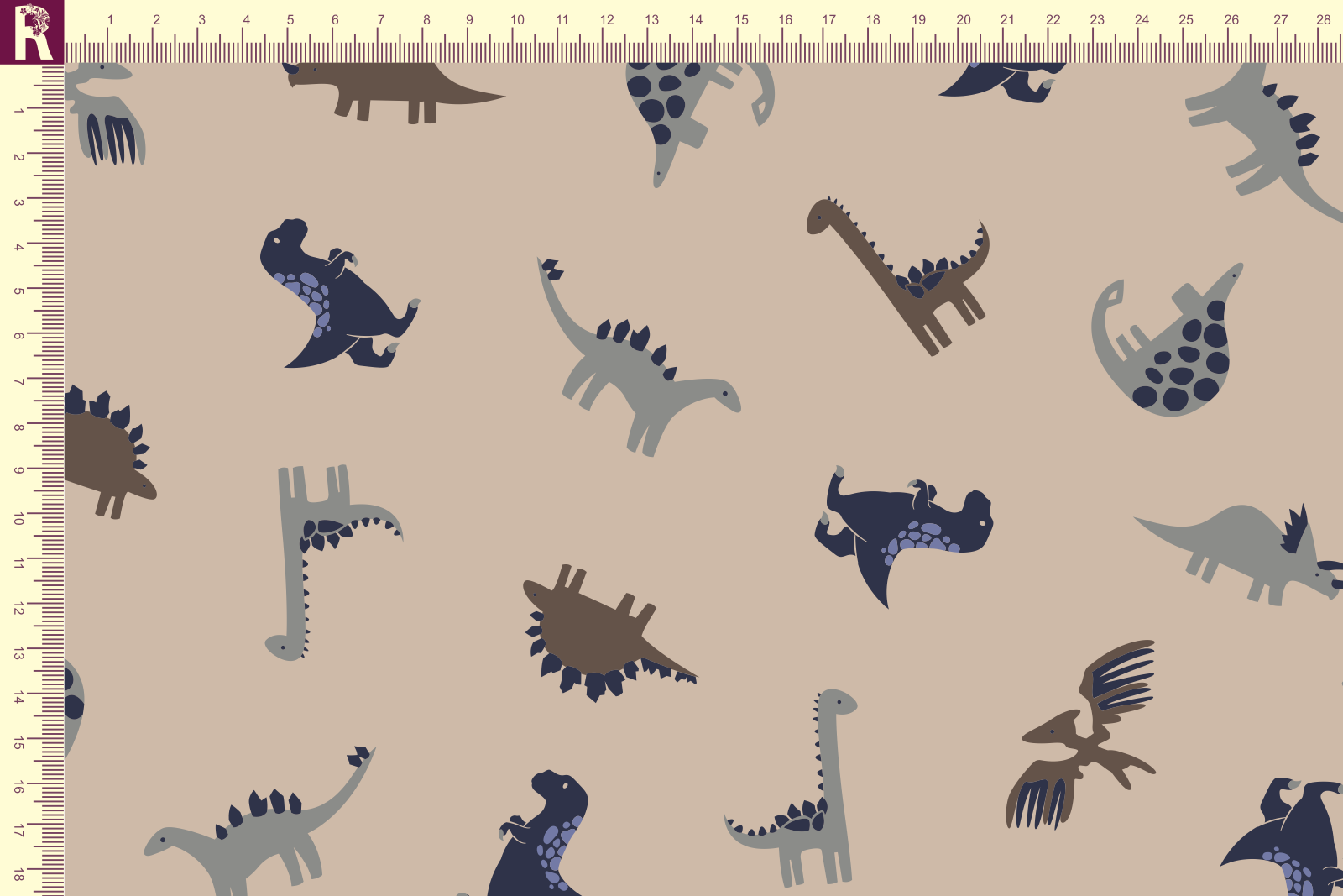 картинка Т644 Динозаврики 9074_5018_4031_8020( коричневые , серые и синие динозаврики на  бежевом фоне) от компании Руткани