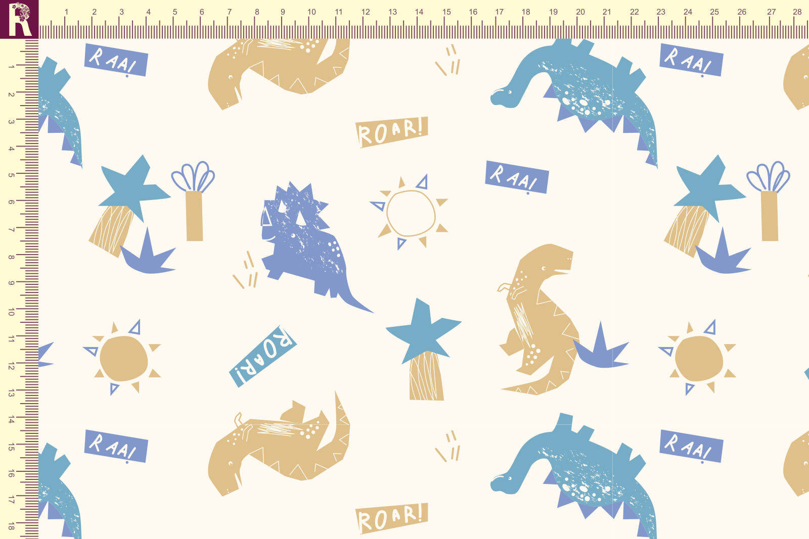 картинка Т648 Roar 9050а_7011_4017_7020 ( голубые,бежевые и синие  динозавры на молочном фоне) от компании Руткани