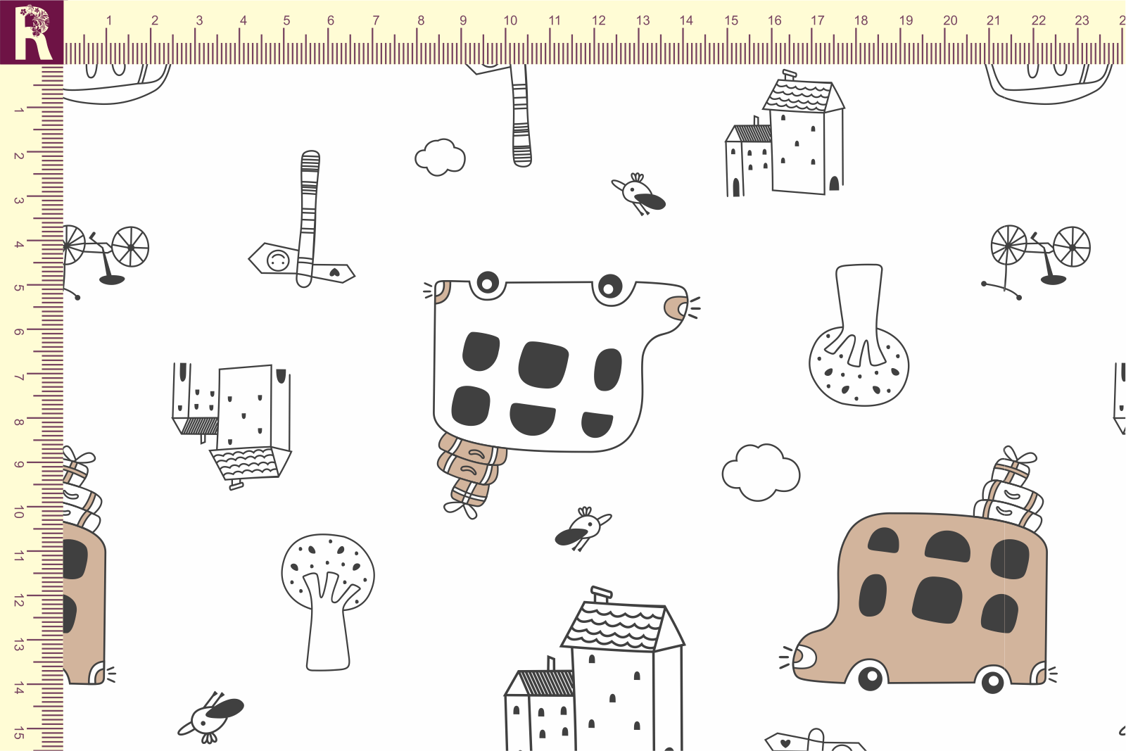 картинка Т612 Автобусы 9000_8001_4014 ( черный и бежевый  рисунок на белом фоне) от компании Руткани