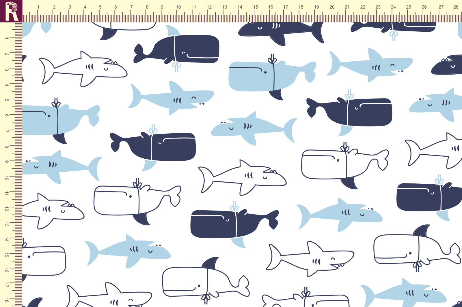 картинка Т631 Акулы и киты 9000_7007_7040 (синие и голубые киты и акулы) от компании Руткани