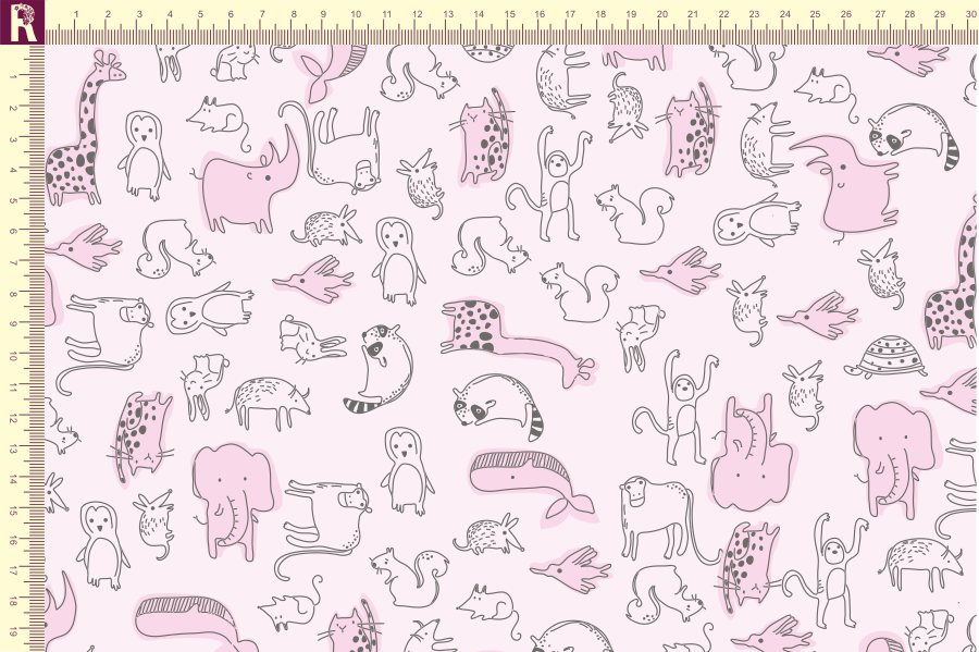 картинка Т508 звери фон светло розовый набивка графитовый розовый от компании Руткани