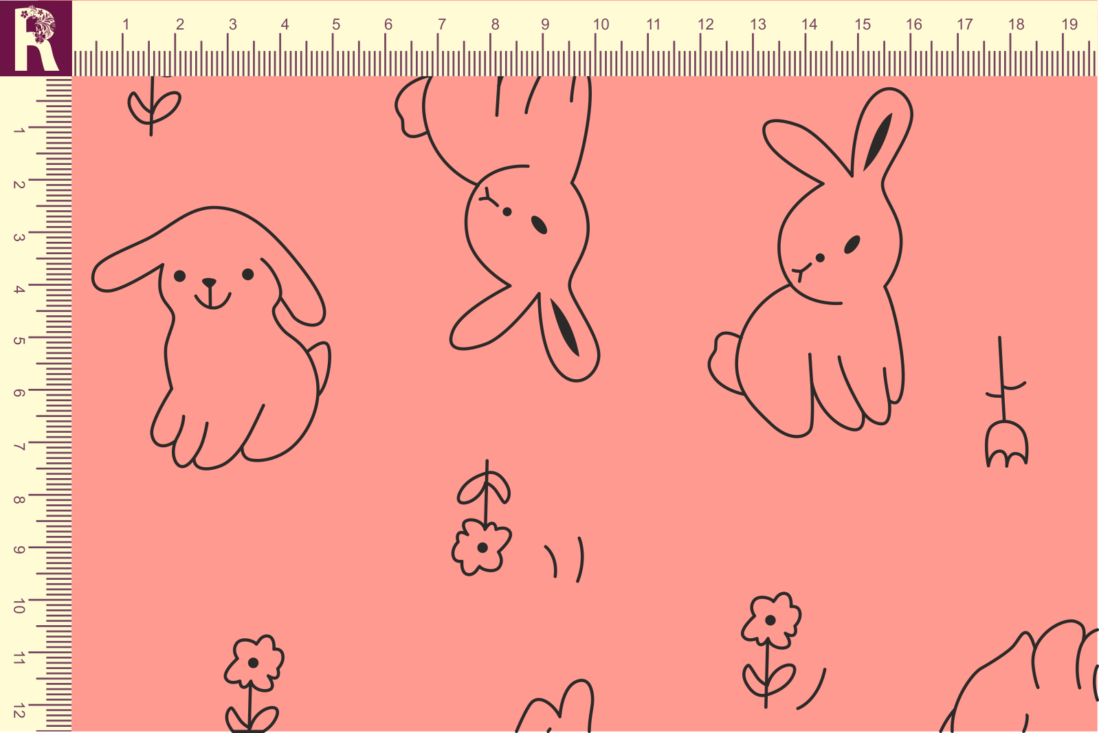 картинка Т659 Зайки и цветы 9013а_8009 ( контурые черные зайки на персиковом фоне) от компании Руткани