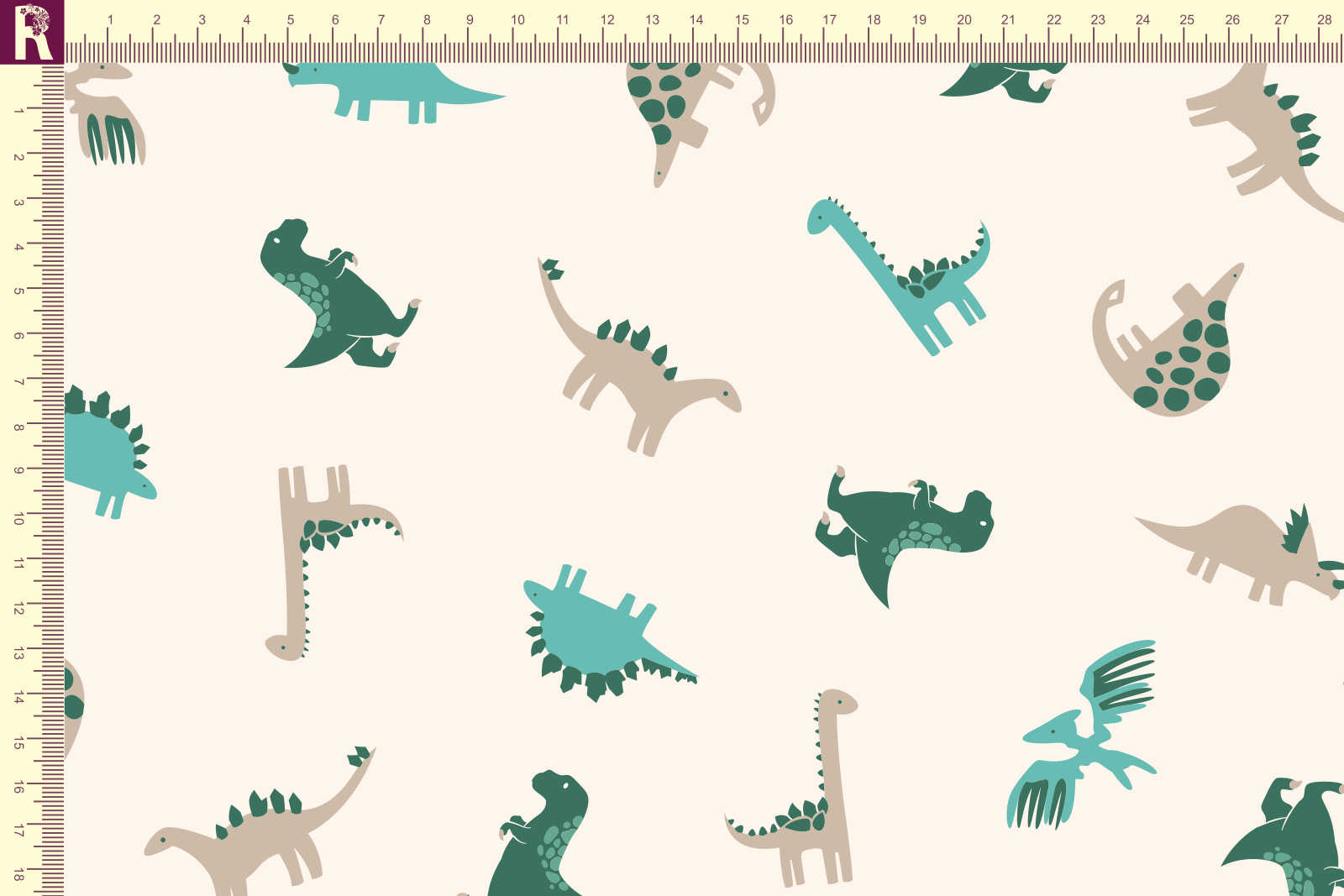 картинка Т644 Динозаврики 9050а_6024_6037_4003(зеленые, ментоловые и бежевые динозаврики на молочном фоне) от компании Руткани