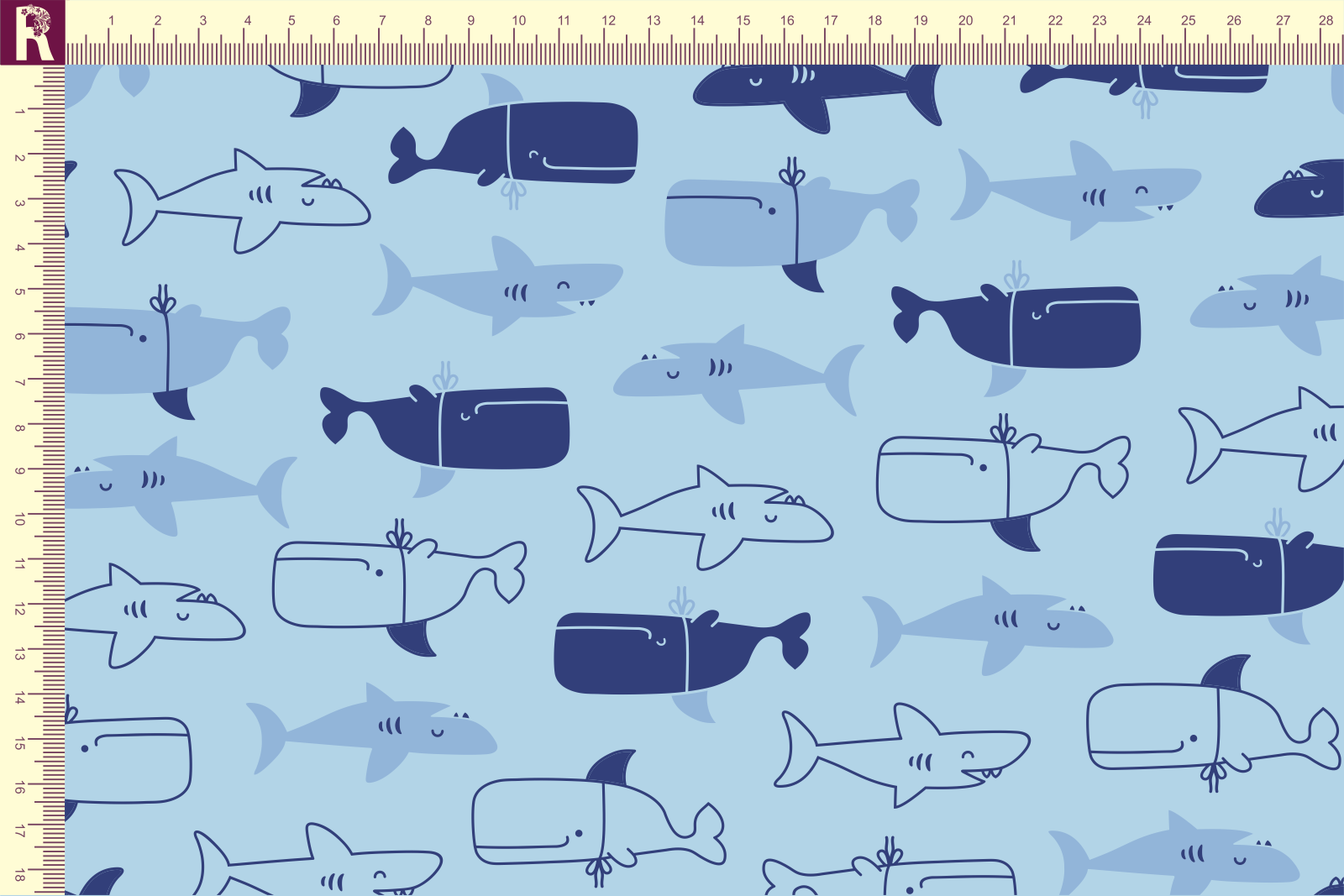 картинка Т631 Акулы и киты 9061а_5007_7028 (синие и голубые киты и акулы на голубом фоне) от компании Руткани