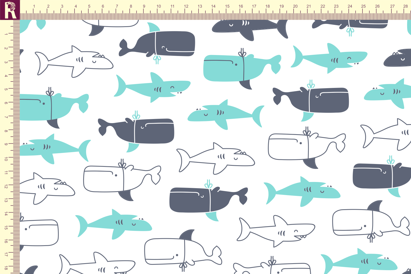 картинка Т631 Акулы и киты 9000_8014_6026 (серые и ментоловые киты и акулы на белом фоне) от компании Руткани