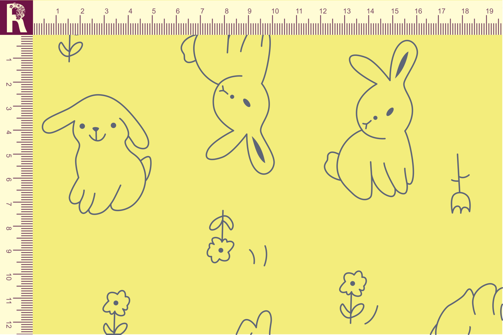 картинка Т659 Зайки и цветы 9001_8014( контурые серые зайки на лимонном фоне) от компании Руткани