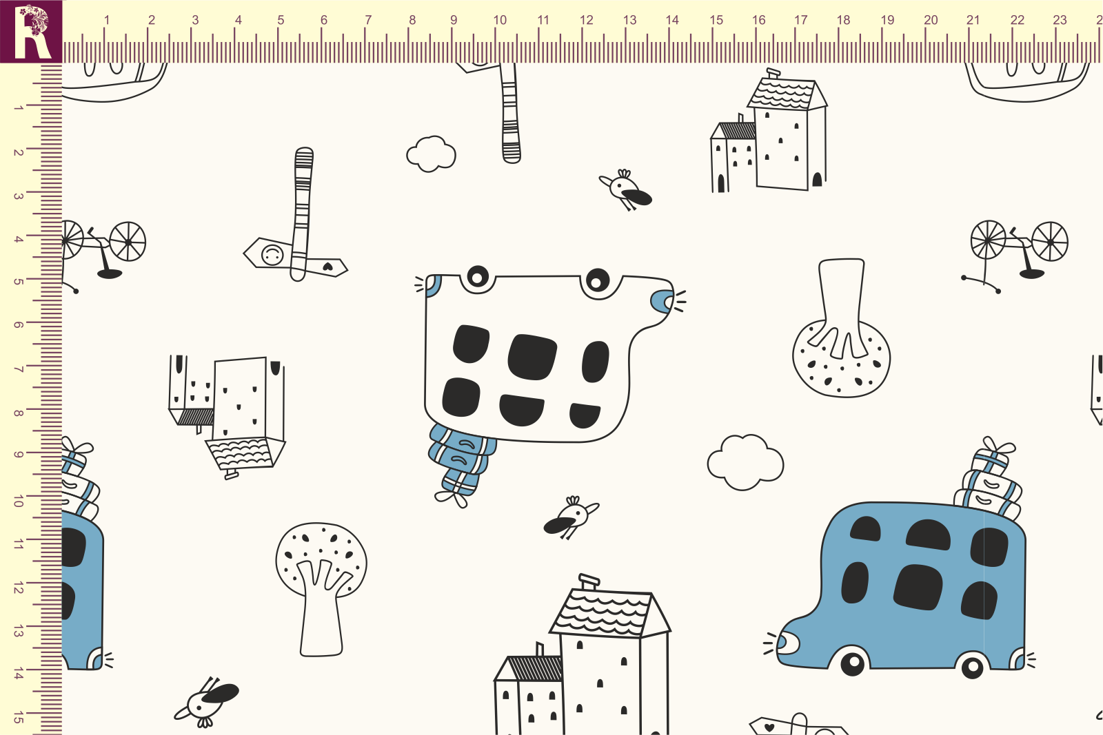 картинка Т612 Автобусы 9050а_8001_7011 ( черный и голубой рисунок на молочном фоне) от компании Руткани