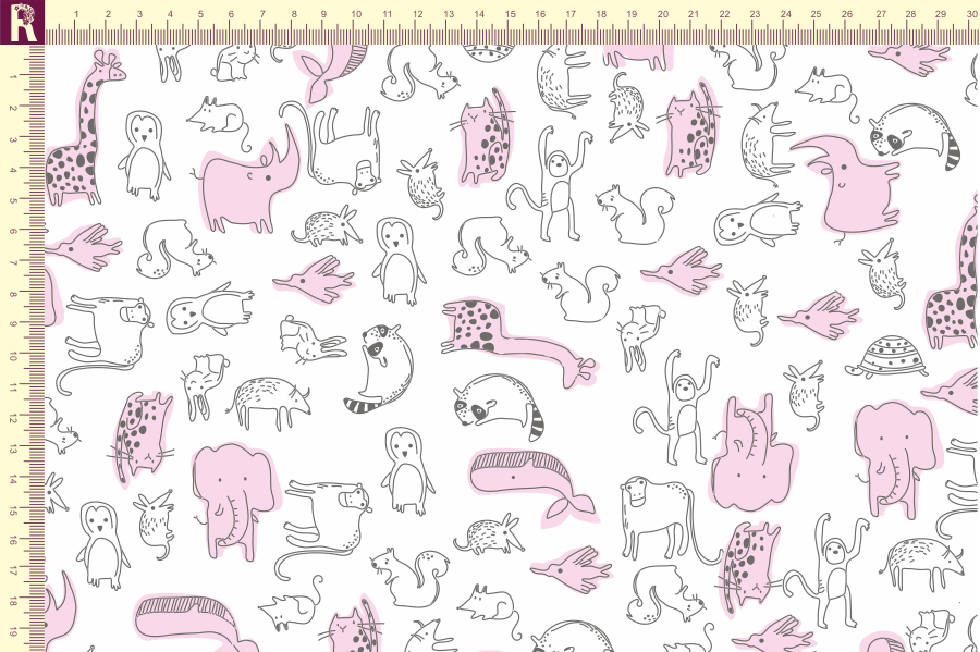 картинка Т508 звери фон белый набивка графитовый розовый от компании Руткани