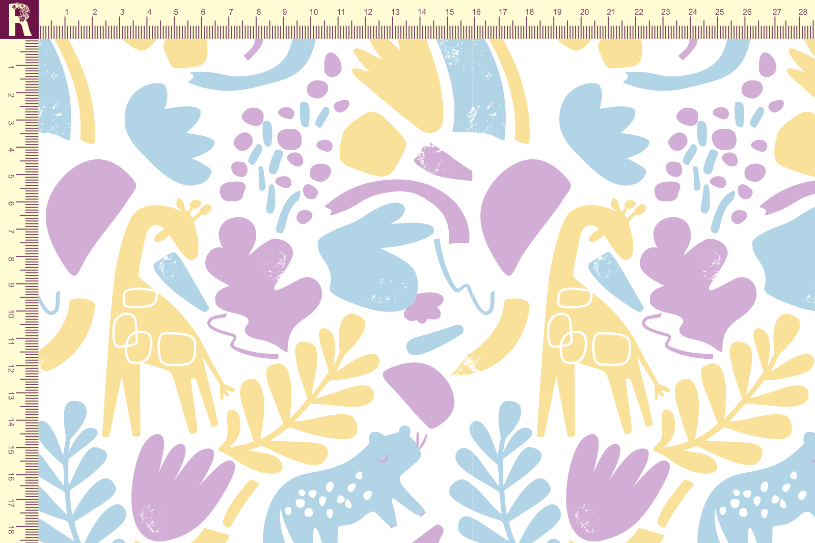 Т651 Зверьки и листья 9000_2028_7040_3008( сиреневый, голубой и желтый рисунок на белом фоне) Футер с начесом, 30/20, пачка, кардная