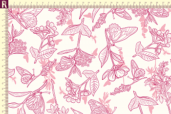 картинка Т632 Бабочки и цветы 9050а_9009_2045 (малиновые и розовые цветы и бабочки на молочном фоне) от компании Руткани