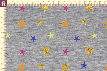 картинка R332 Звезды радужные Глиттер, 9000 Melange, Кулирка с лайкрой, 30/1, рулон, кардная, 190 gr, 95% (65хб/35пэ) + 5% пэ, меланж_принт_пигмент от компании Руткани